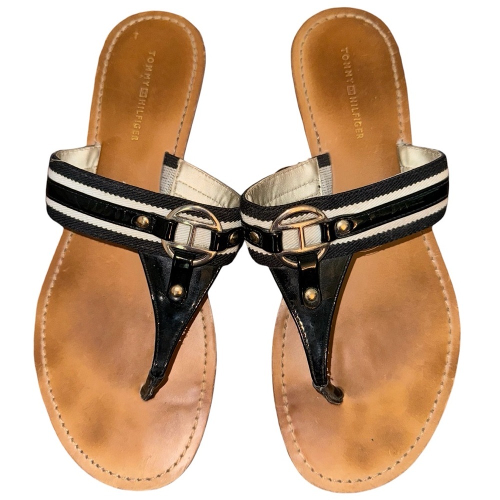 Tommy Hilfiger Black White Tan Leather Sandals 8